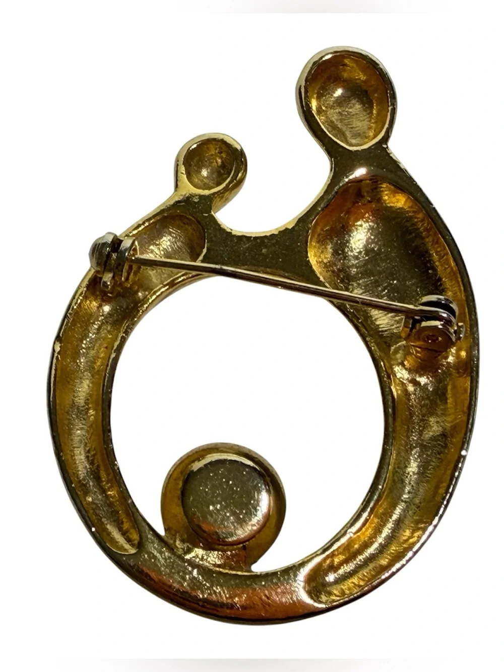 Mother & Child Brooch Stylized Open Round Clear Rhinestone Gold Tone